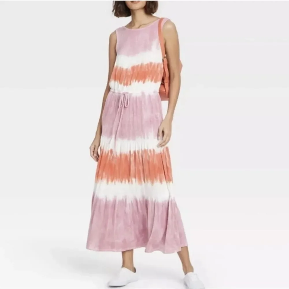 Knox Rose Low Back Scoop Neck Tie Dye Maxi‎ Dress White Pink Orange Medium
